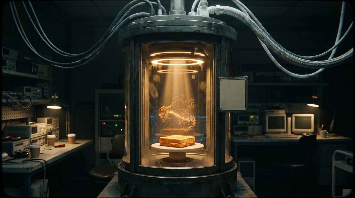 Concept visualization of an early instantiation chamber where a grilled cheese forms inside a column of golden light.