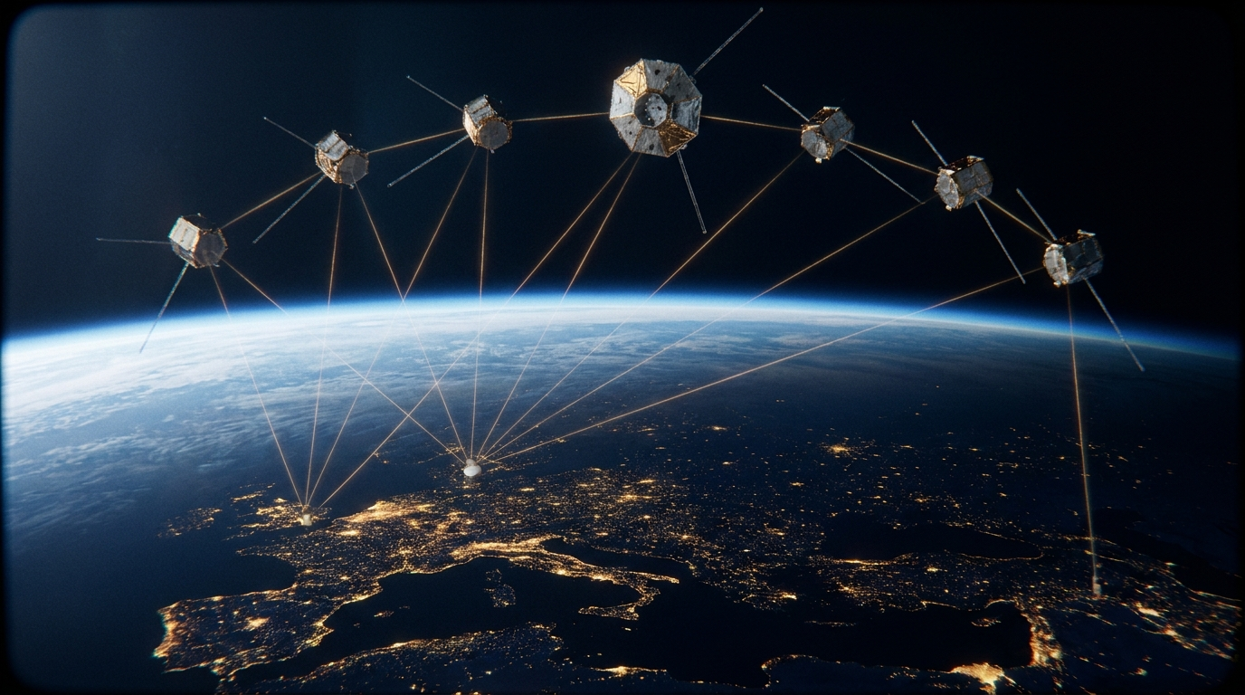 Concept visualization of orbital relay nodes above Earth at dawn, connected by faint golden energy paths.