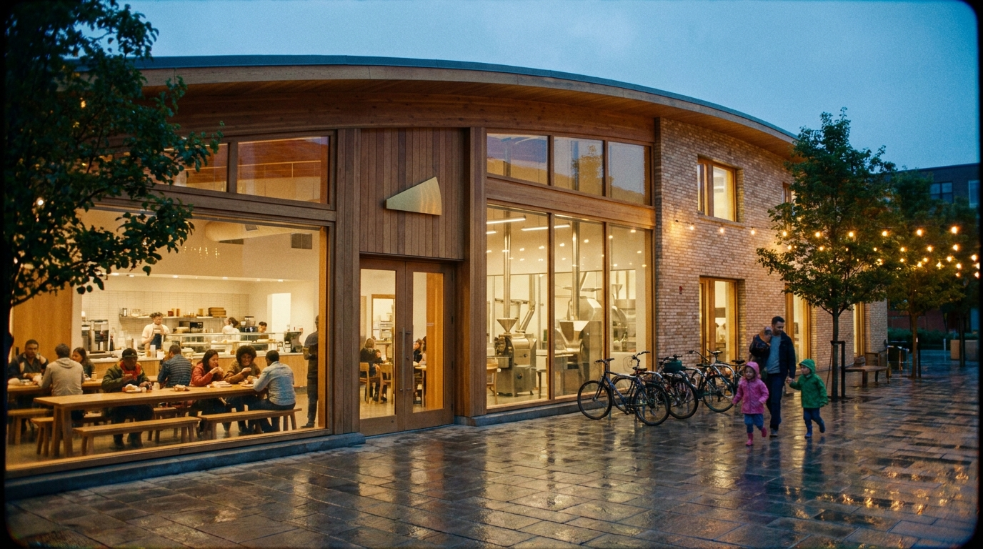 Concept visualization of a warm neighborhood Frontier Factory at dusk, glowing from within.