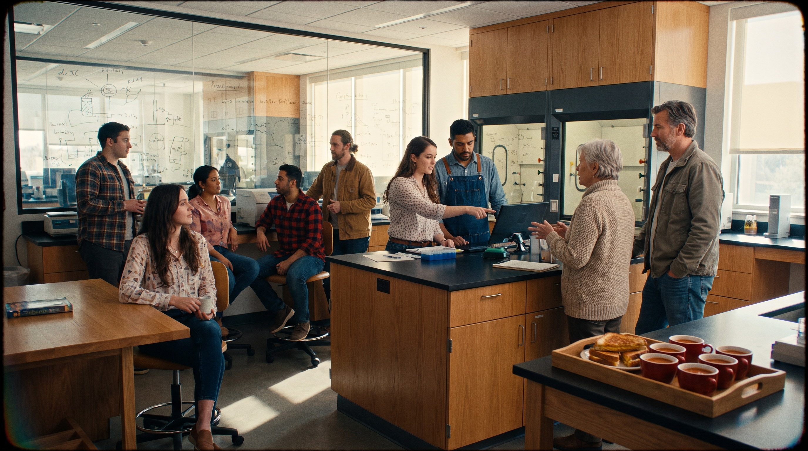 The DeepCheese research team gathered in a warm modern laboratory, a tray of grilled cheese and small soup cups on a side table.