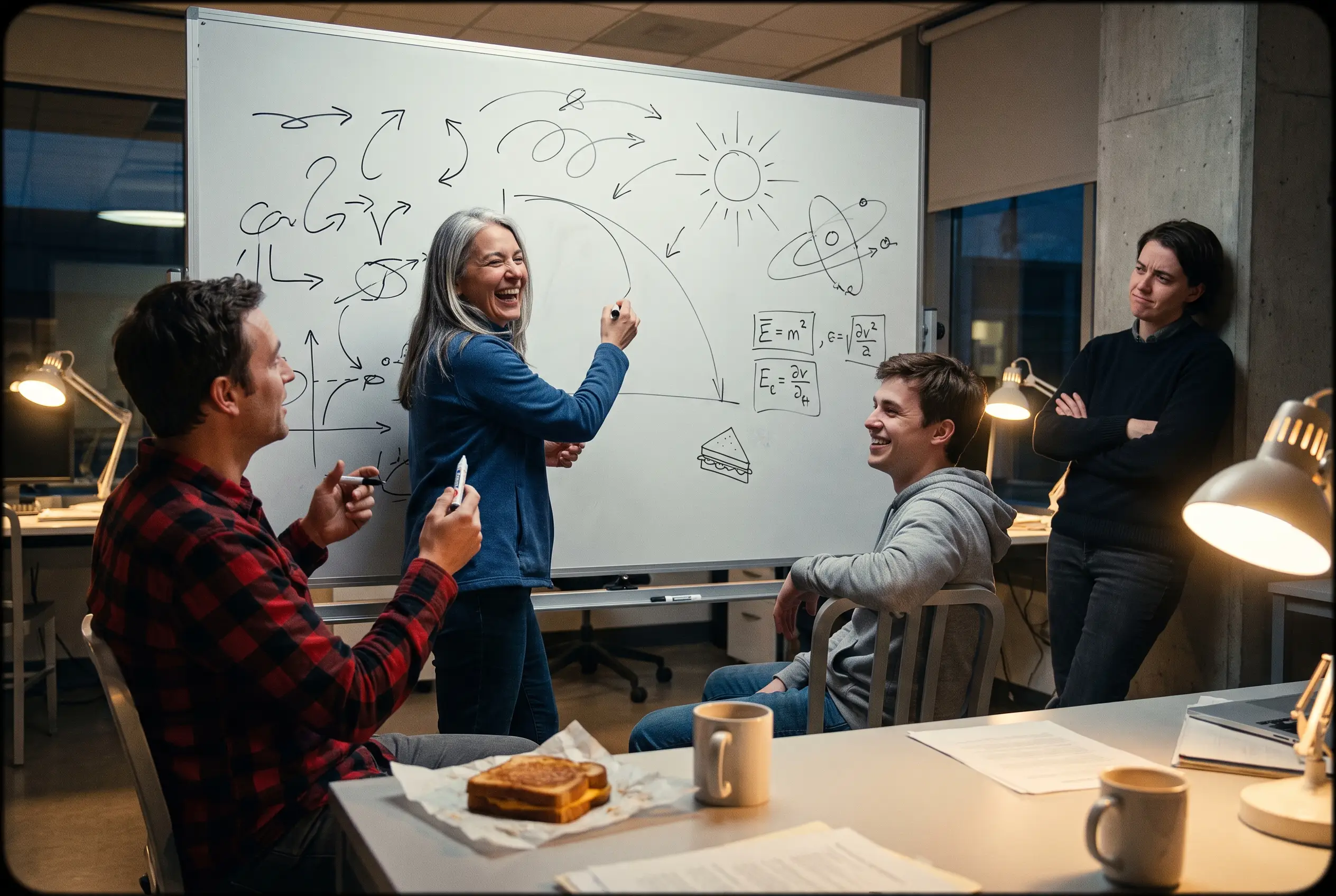 Researchers debating at a whiteboard covered in loops, a sun, orbital arcs and a grilled cheese sketch.