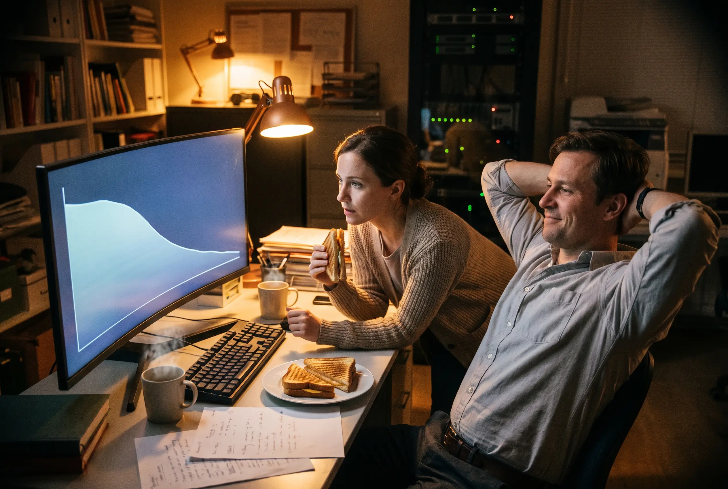 Two researchers watching a descending loss curve on a monitor late at night, sharing grilled cheese and tomato soup.