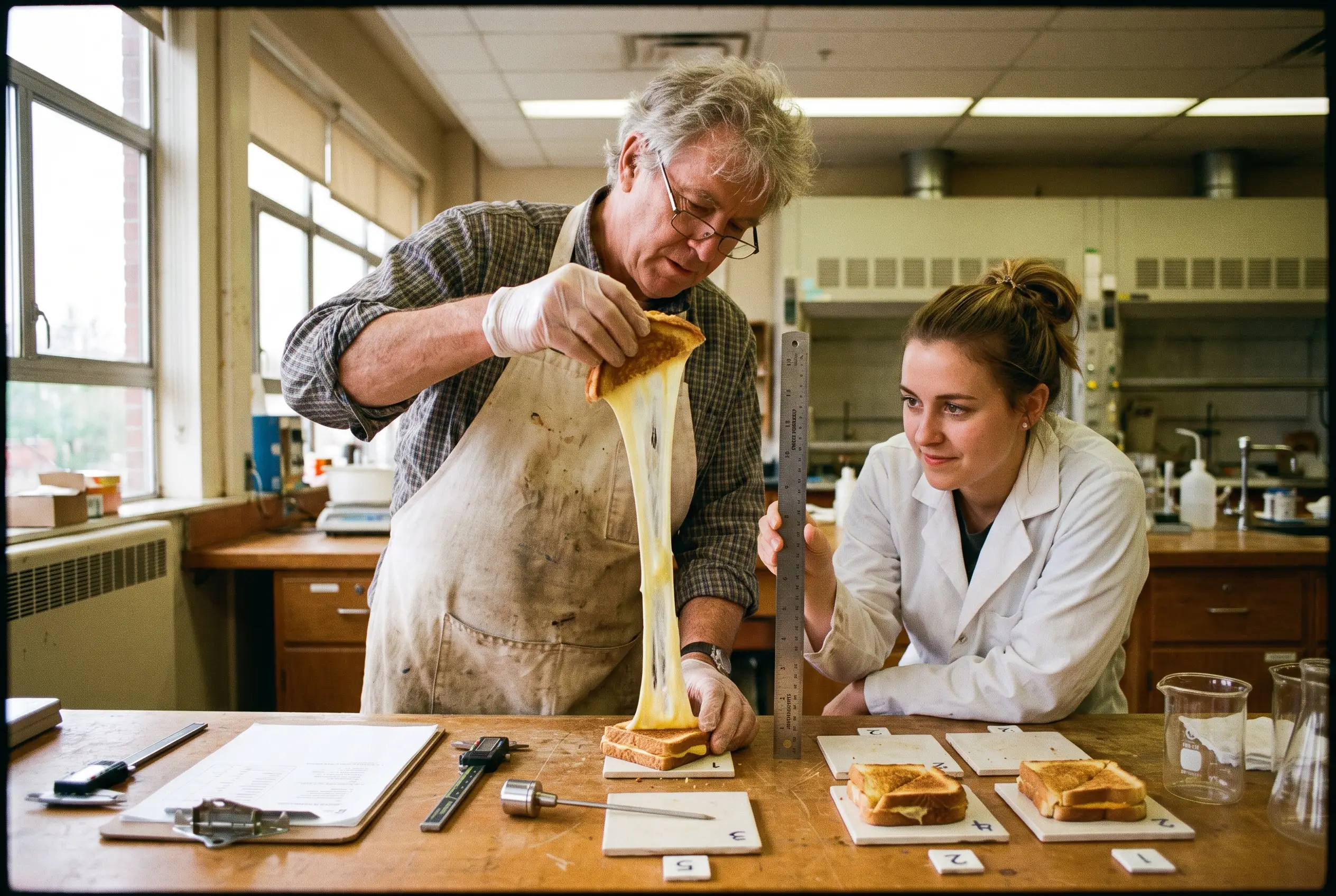 Two researchers formally measuring a long cheese pull with a steel ruler in a bright food-science lab.