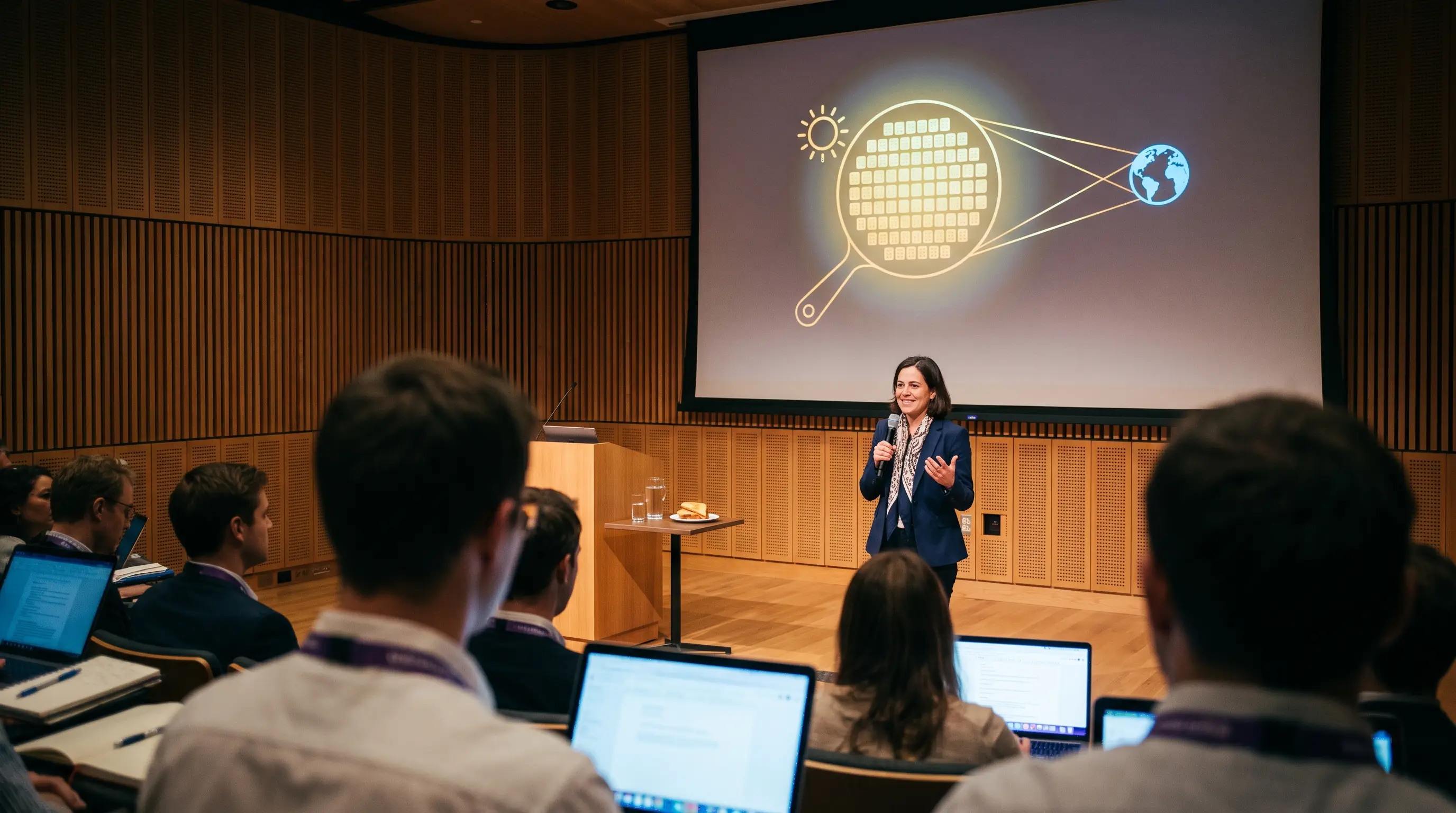 A researcher presenting the Dyson Pan concept at a conference.
