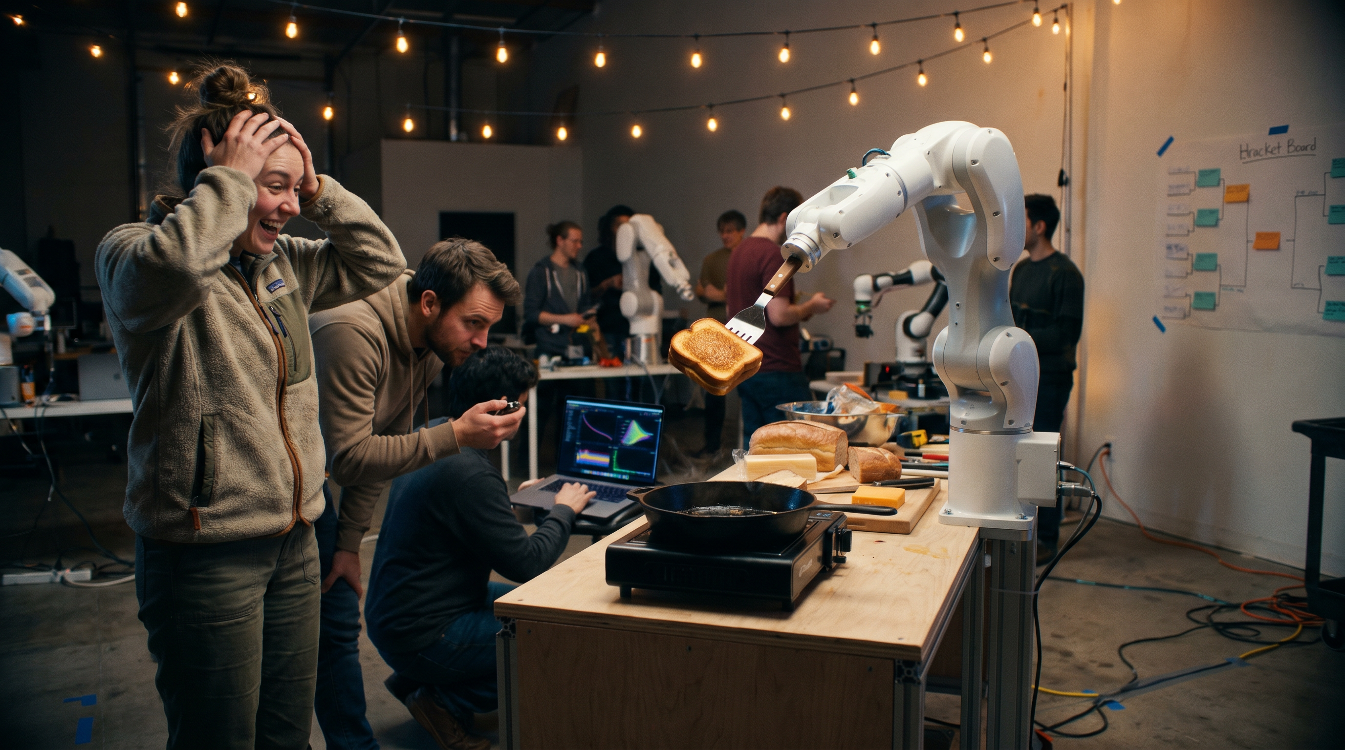 A robot arm flips a grilled cheese in a cast-iron pan while researchers react around the station.