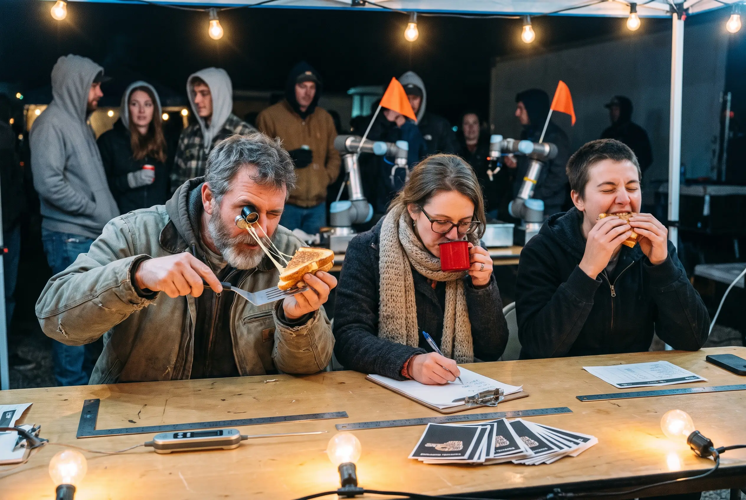 Judges at the Melt-Off inspect robot-made grilled cheese; one is visibly moved mid-bite.