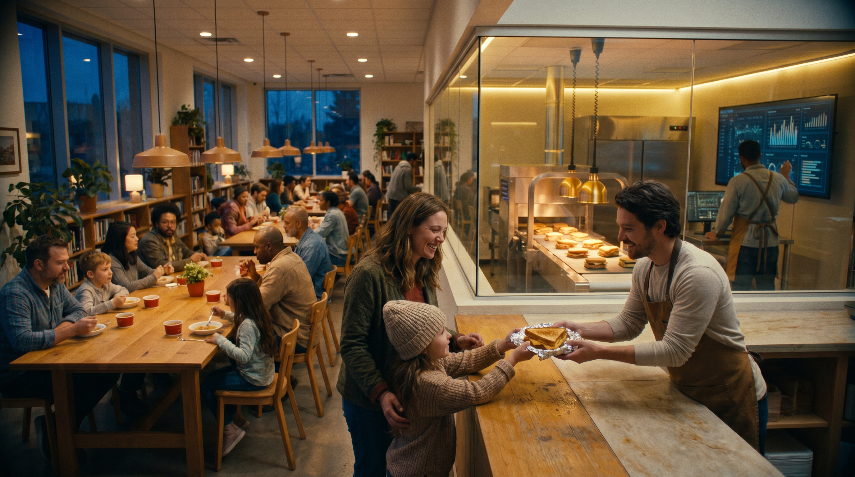 Inside a warm Frontier Factory hall, a wrapped grilled cheese is handed across the counter to a child.
