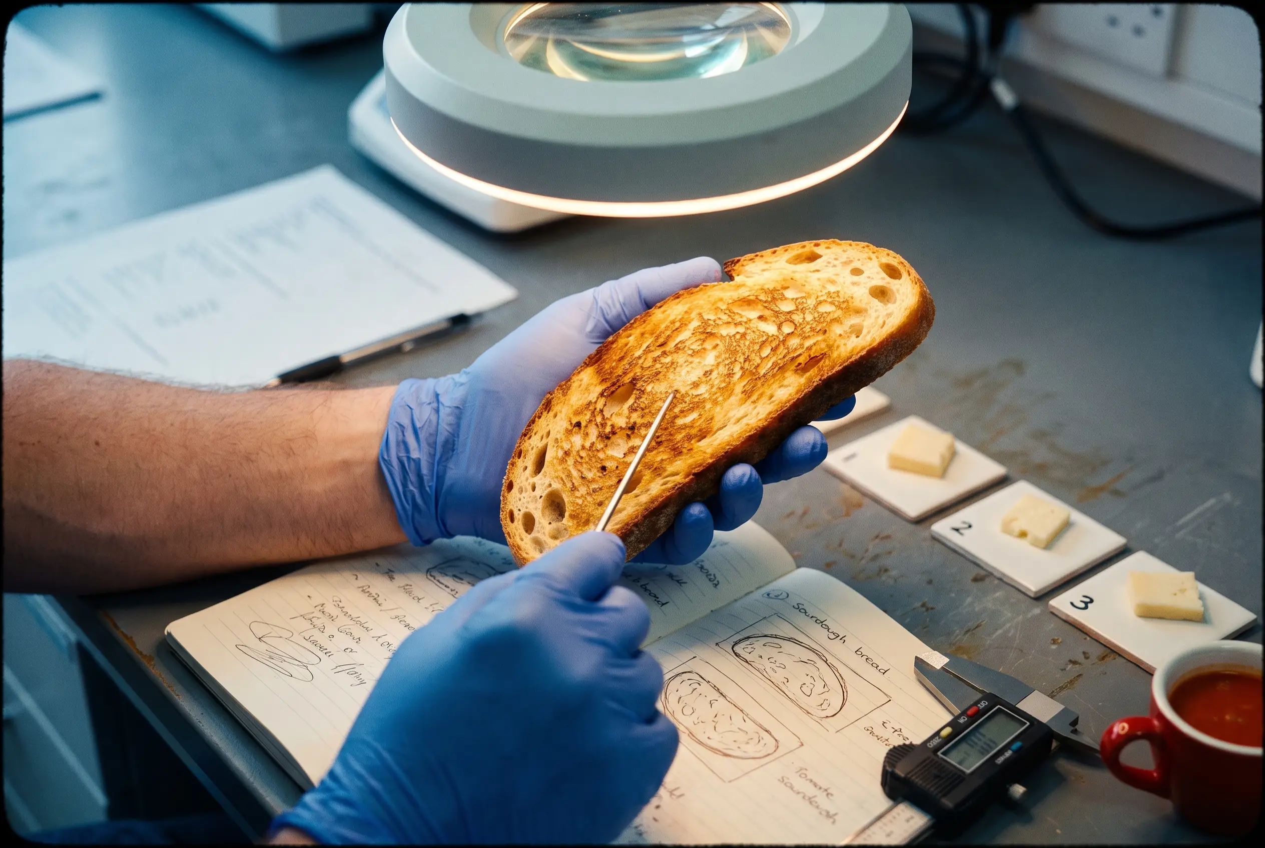 A researcher's gloved hands examining toasted bread crust under a magnifier lamp beside a lab notebook.