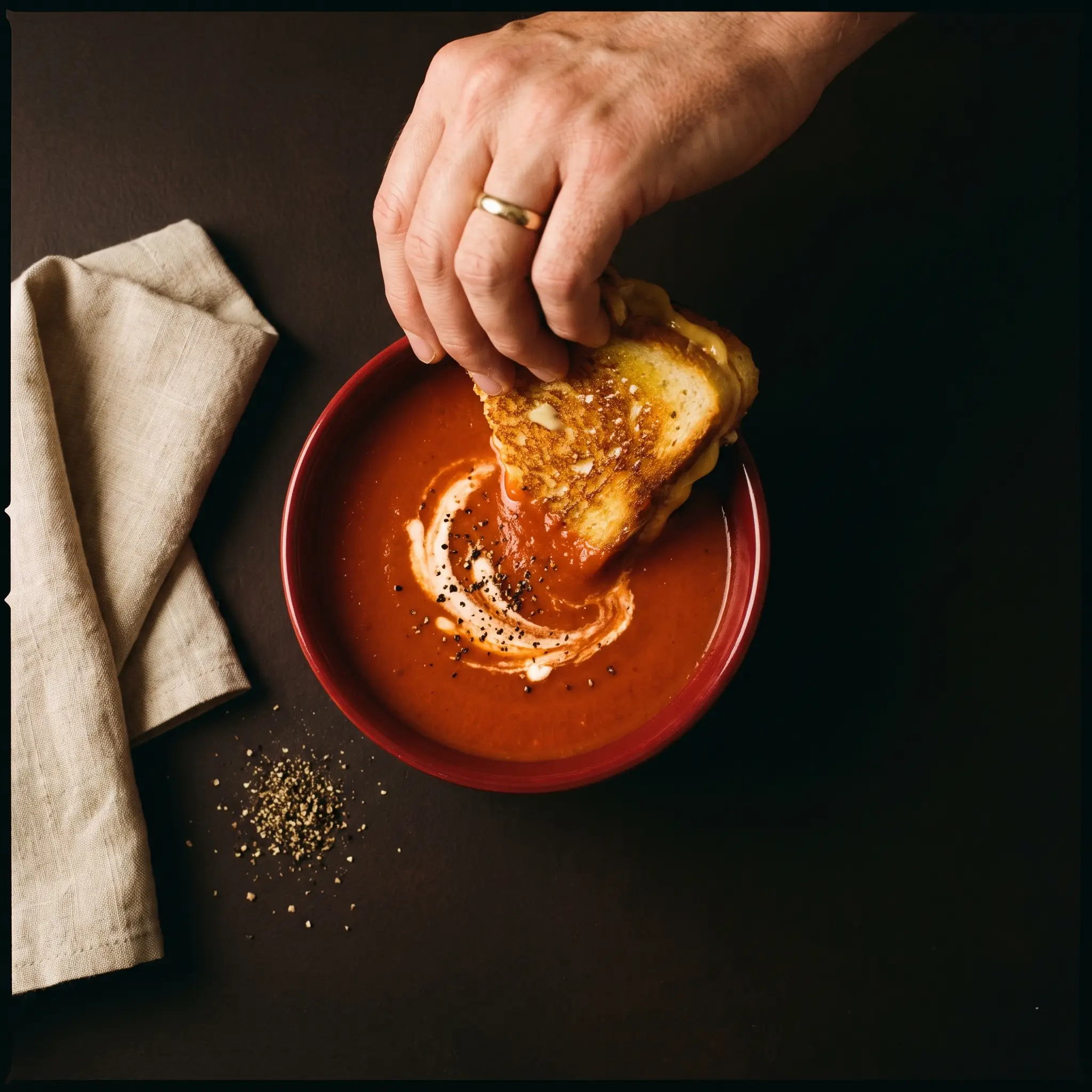 Overhead photograph of a grilled cheese corner dipped into a bowl of tomato soup on a dark surface.