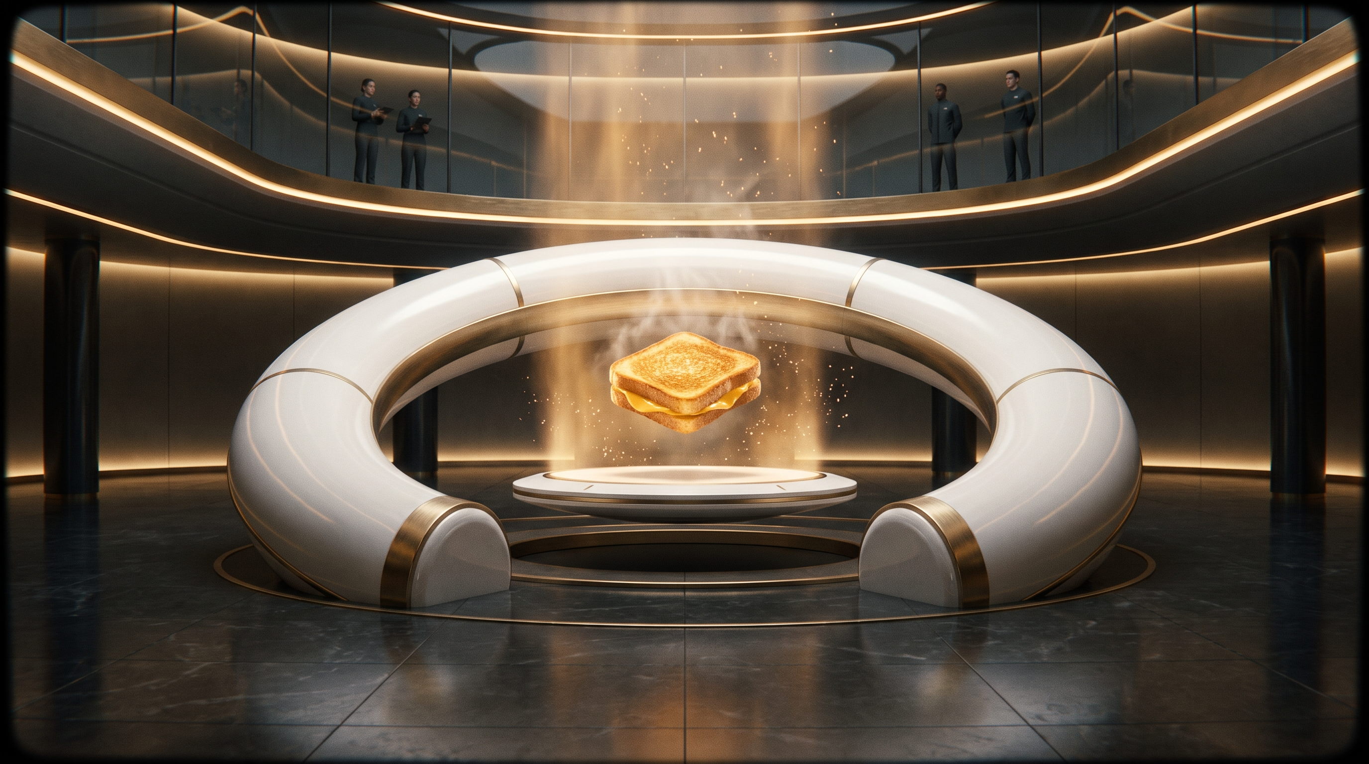 Concept visualization of the final production instantiation hall: a completed grilled cheese floating above a levitating platform inside a sleek toroidal machine.
