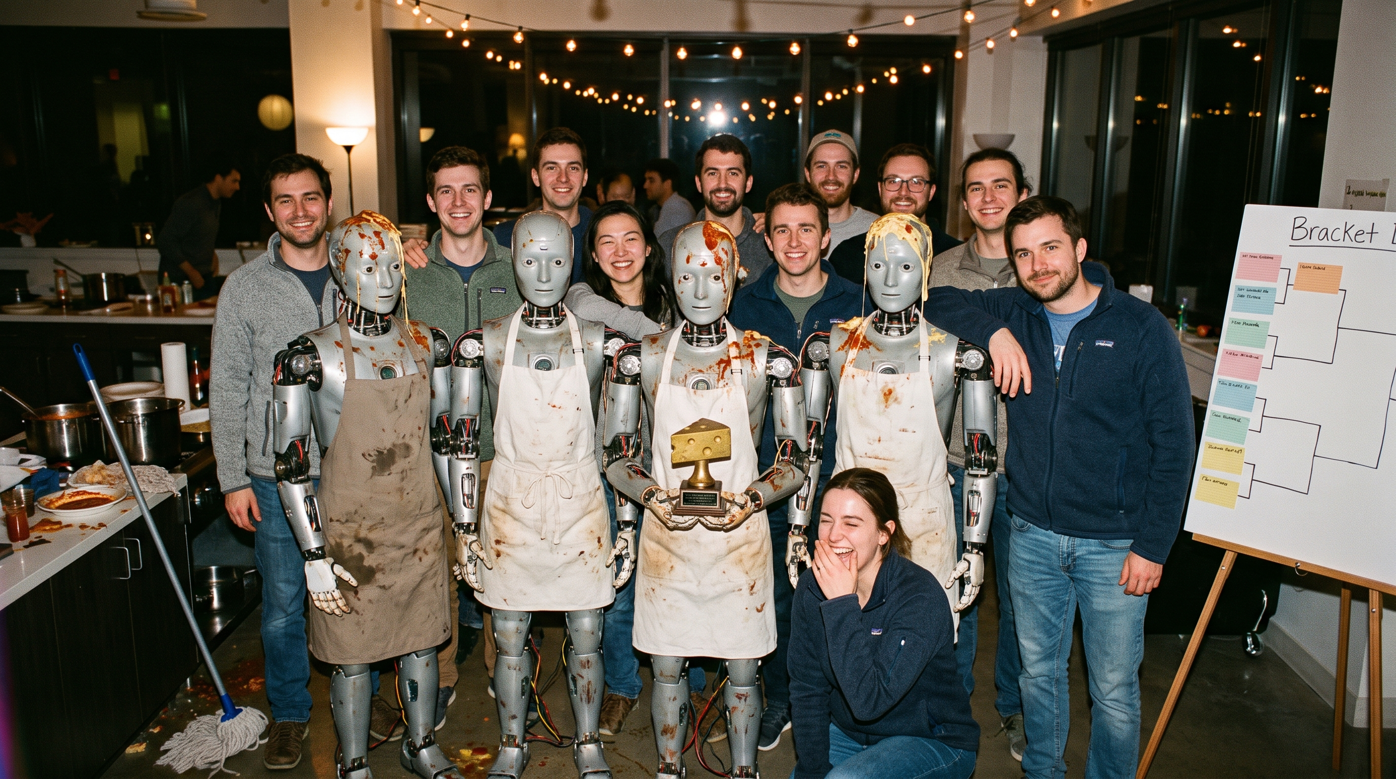 End-of-event group photo: five cheese-stained humanoid robots in aprons with the exhausted, delighted research team, one robot holding a small wedge-shaped trophy.
