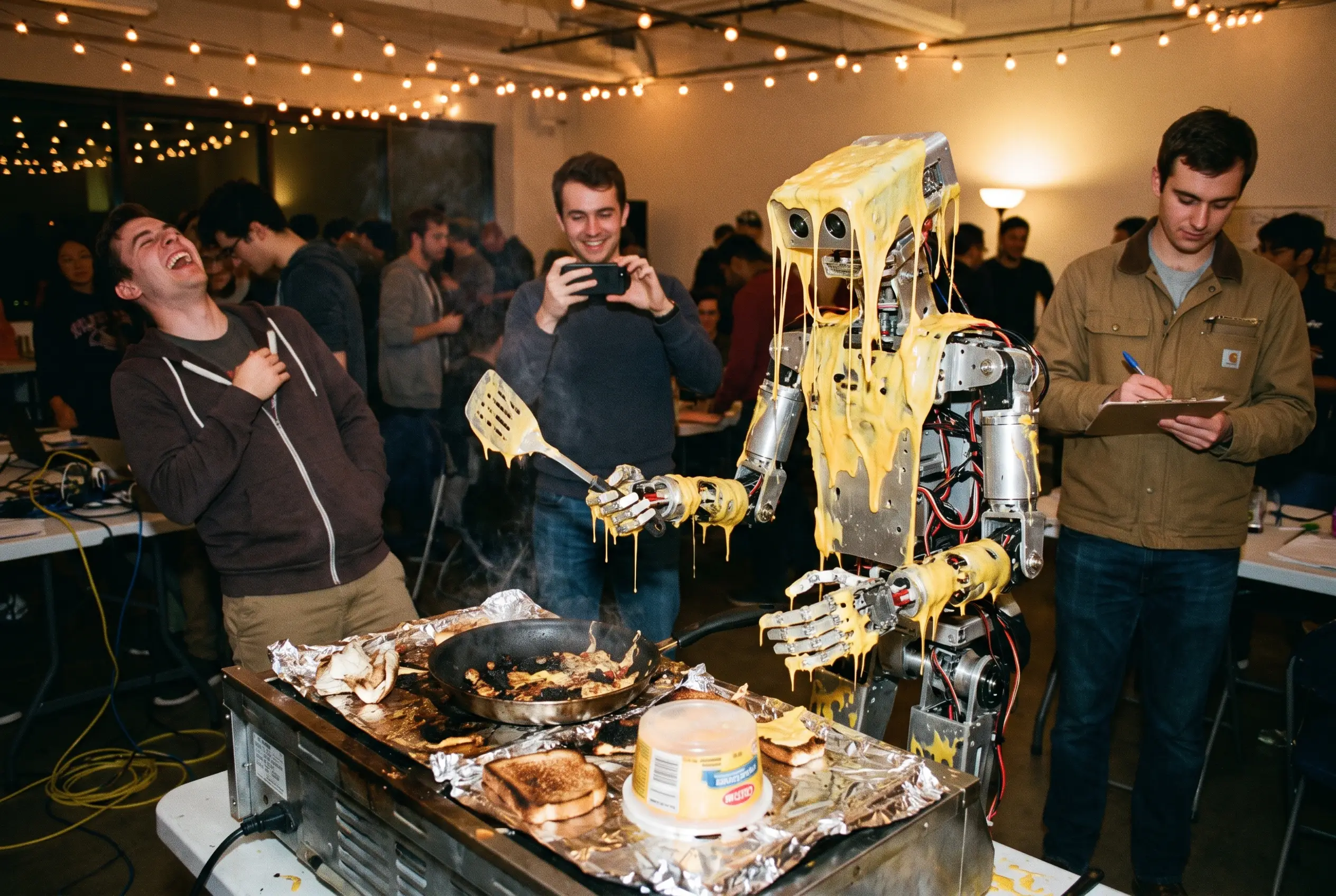 A humanoid robot draped in long strands of melted cheese stands at a wrecked cooking station while researchers laugh, film, and take notes.