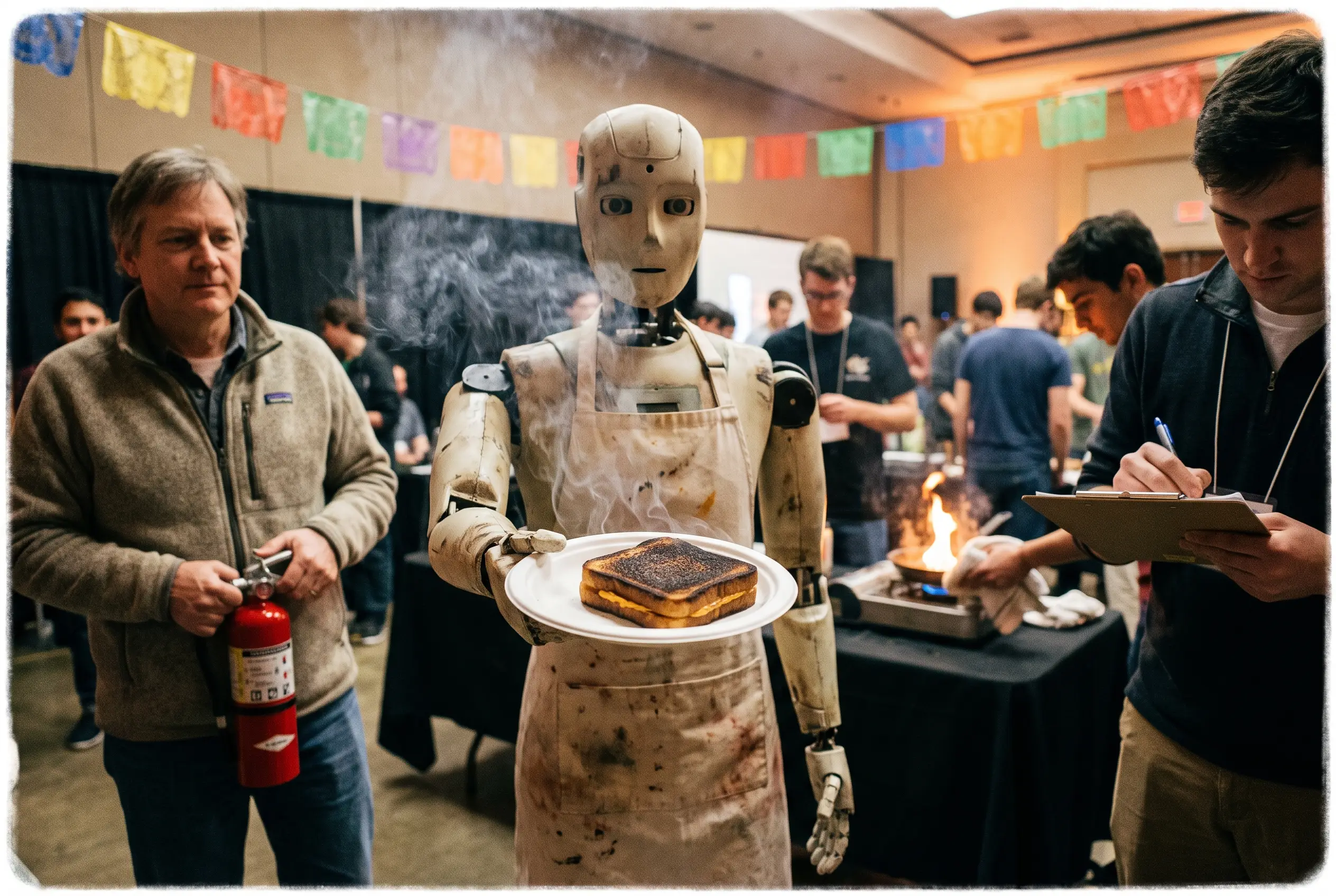 A humanoid robot proudly presents a charred, smoking grilled cheese while a researcher stands by with a fire extinguisher.