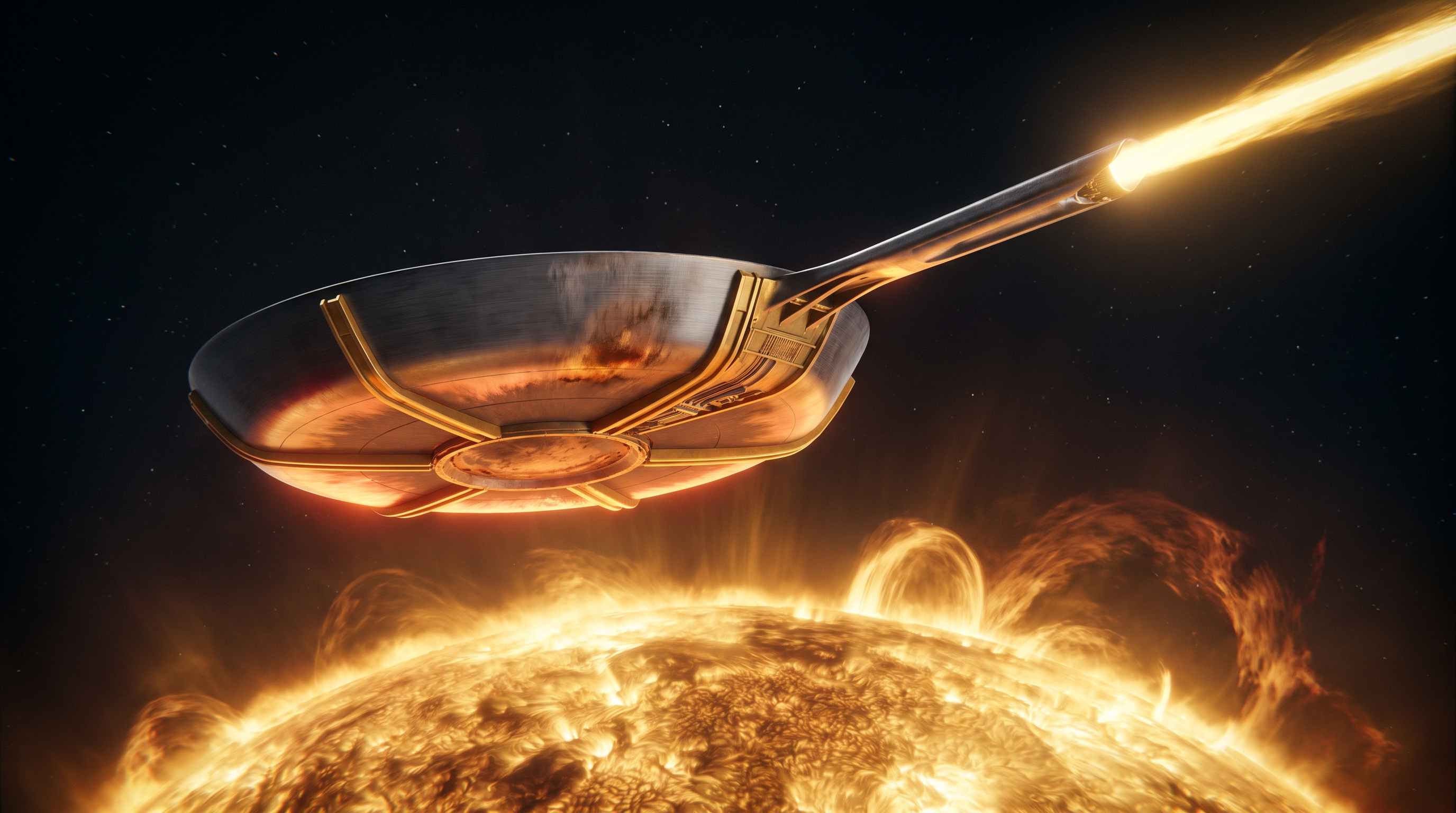 Concept visualization of the Dyson Pan: a colossal futuristic pan hovering over the Sun, its underside glowing, a single beam of energy exiting from the handle.
