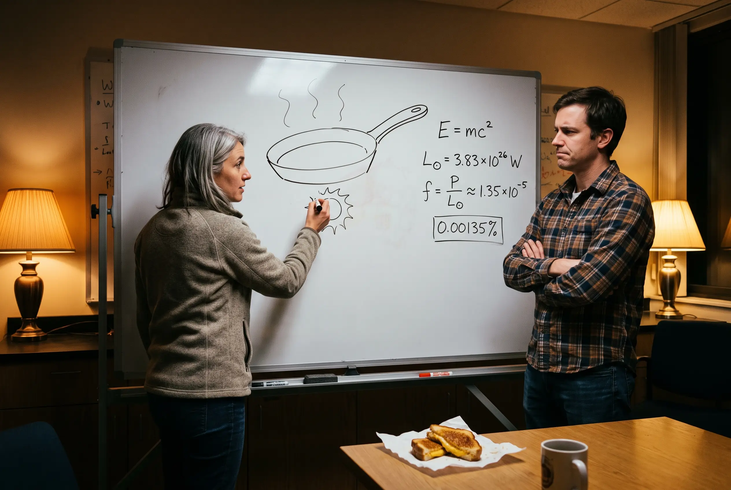 Two researchers at a whiteboard with a huge hand-drawn pan hovering over a sun, next to real handwritten physics formulas including E equals m c squared.