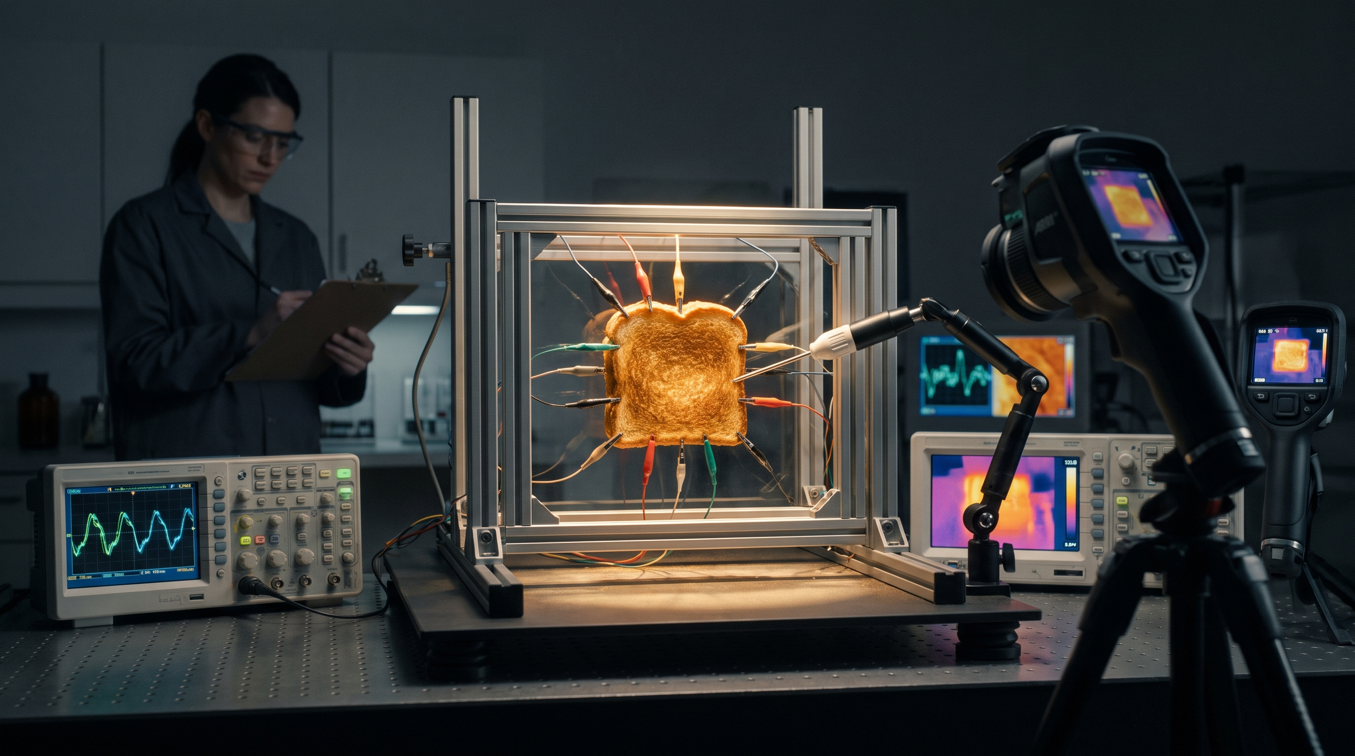 A grilled cheese secured in a precision measurement rig, dozens of sensor probes attached, monitored like a patient in intensive care.