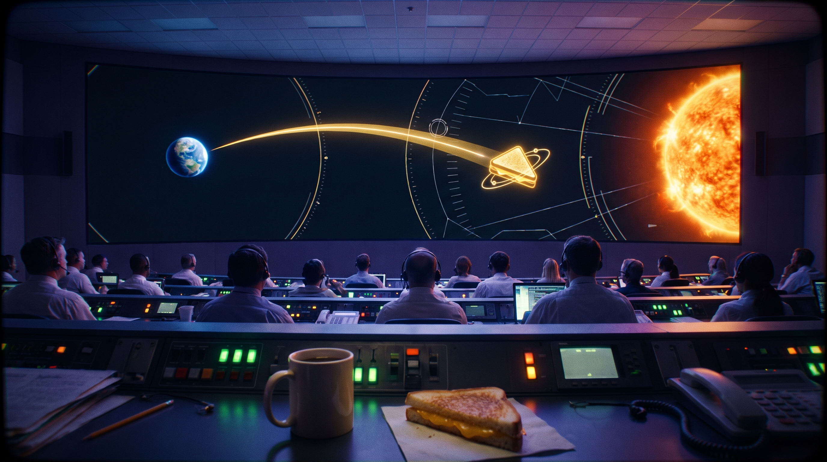 A mission control room where operators monitor a wall display showing a golden trajectory from Earth to the Sun with a small sandwich traveling along it.