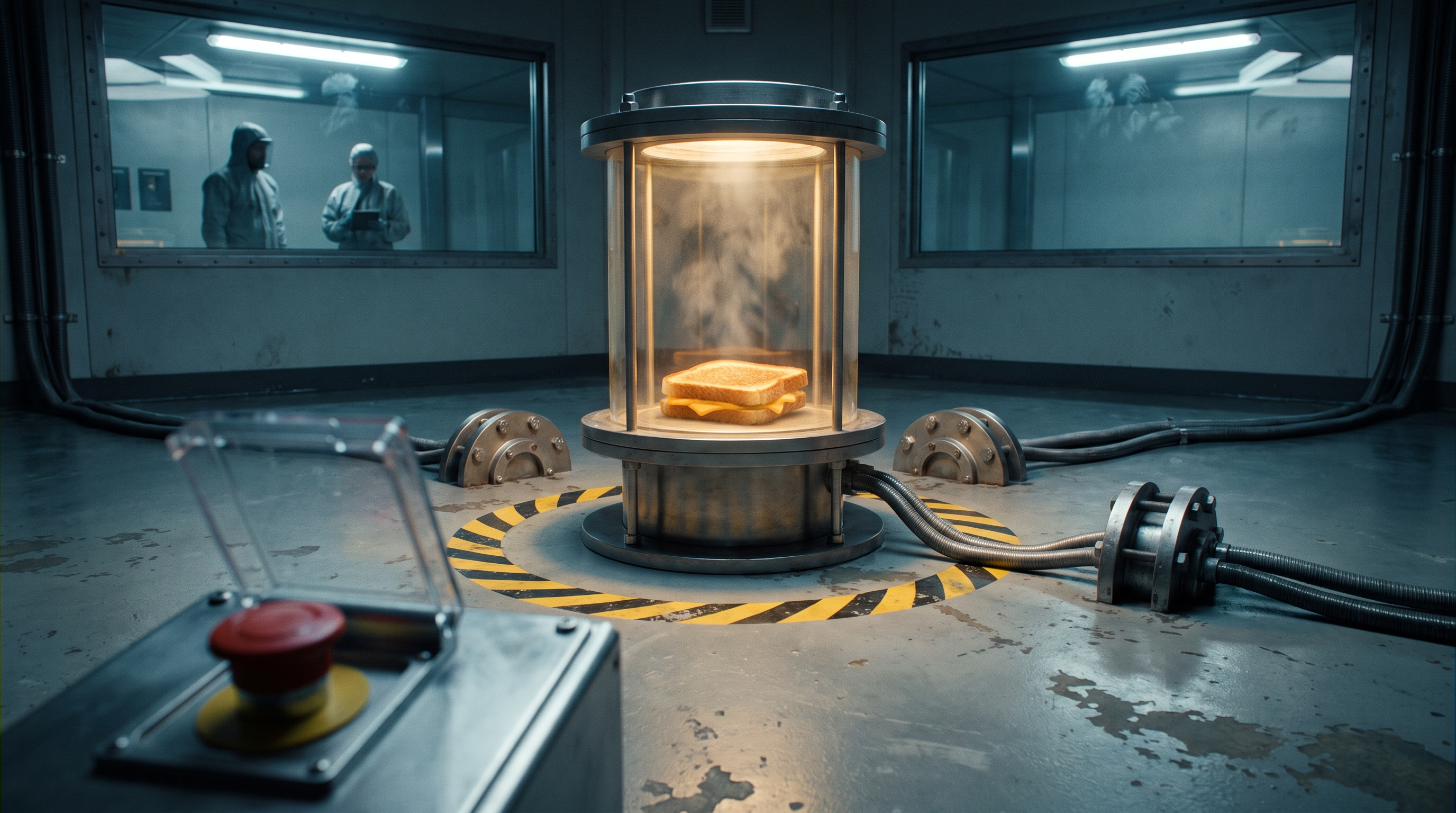 A single grilled cheese on a pedestal inside a thick glass containment vessel in a high-security research hall, an emergency stop button in the foreground.