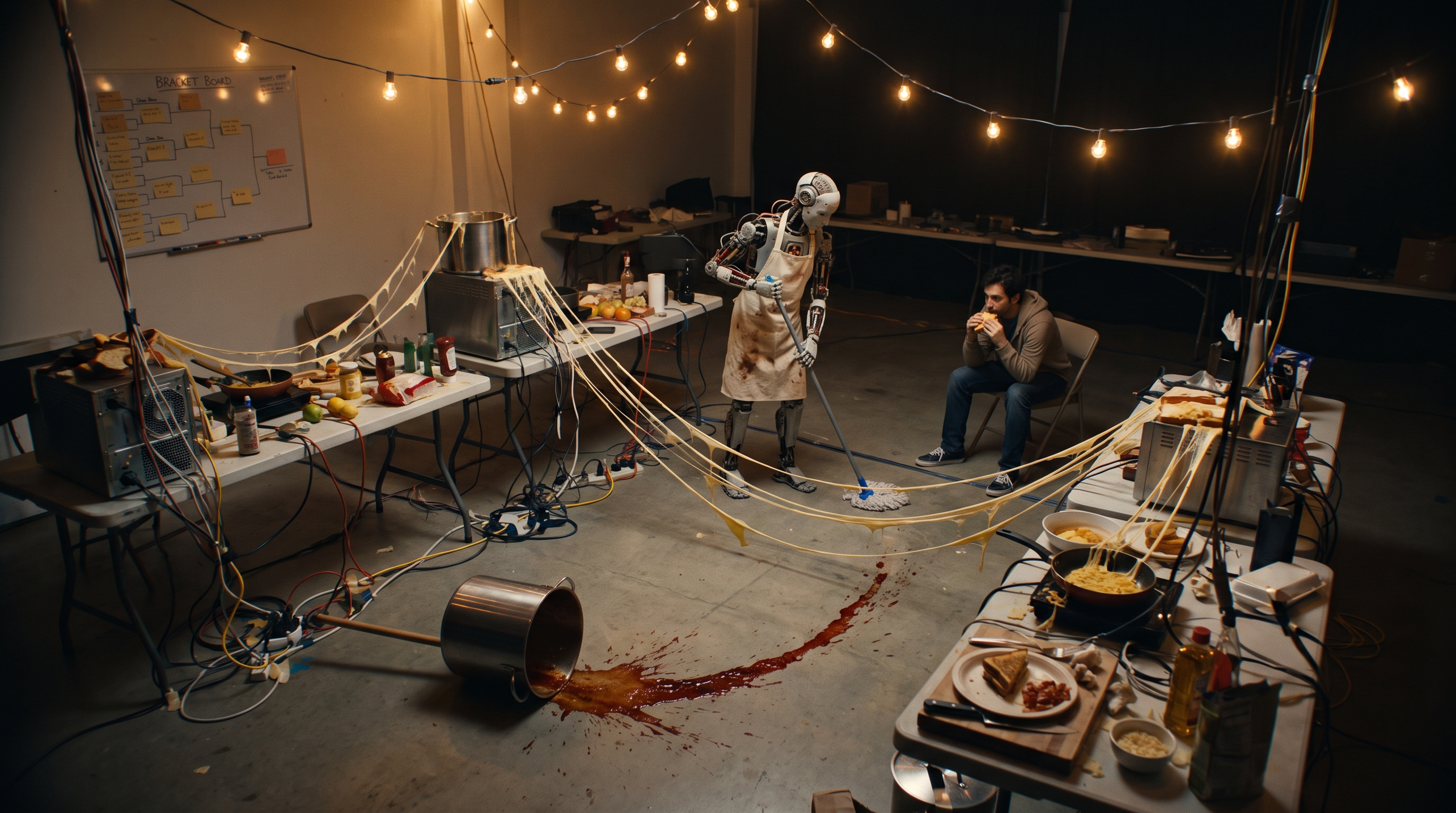 The hackathon venue after the event: wrecked cooking stations, cheese strands spanning equipment, and a humanoid robot calmly mopping the floor.