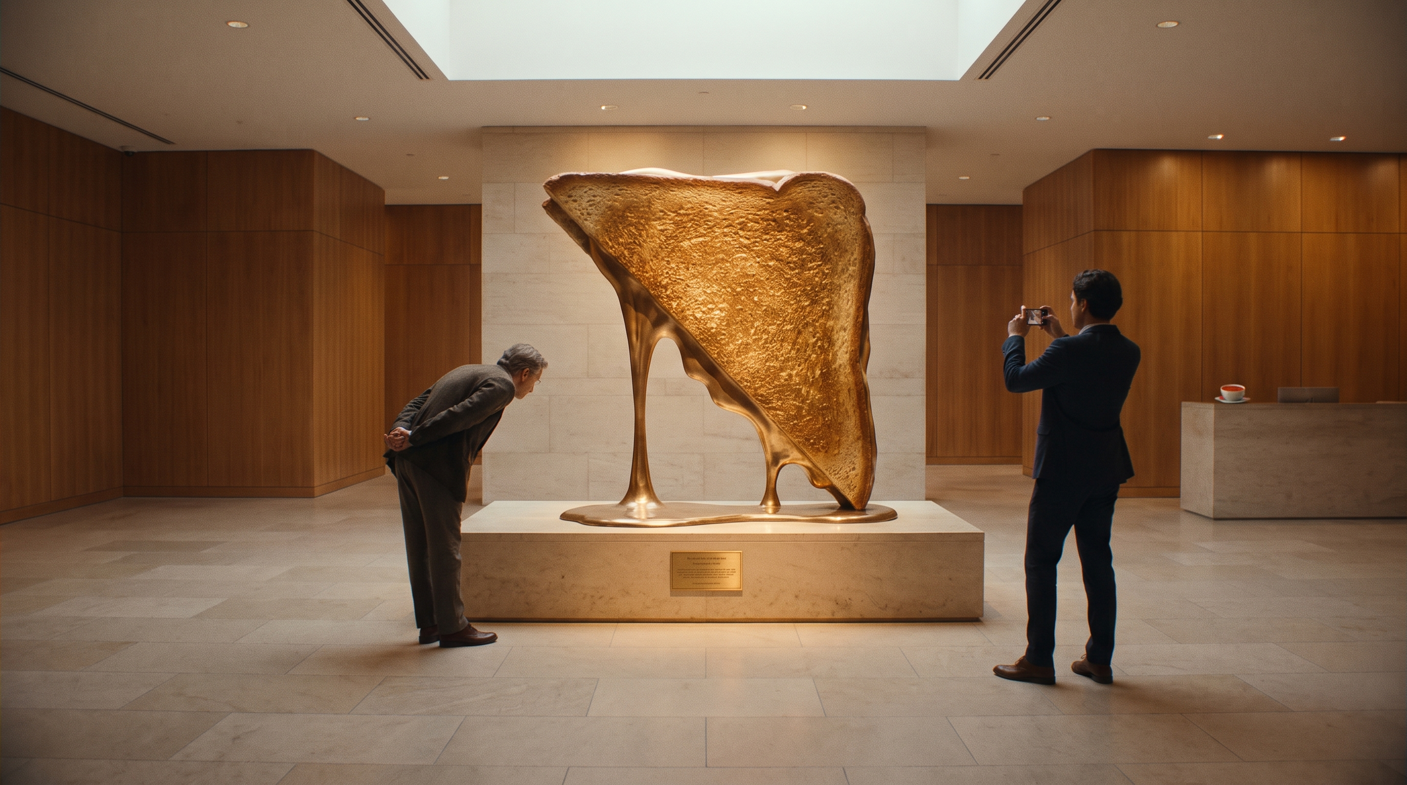 A museum-like institute lobby with a monumental bronze sculpture of a grilled cheese half on a stone plinth, visitors admiring it.