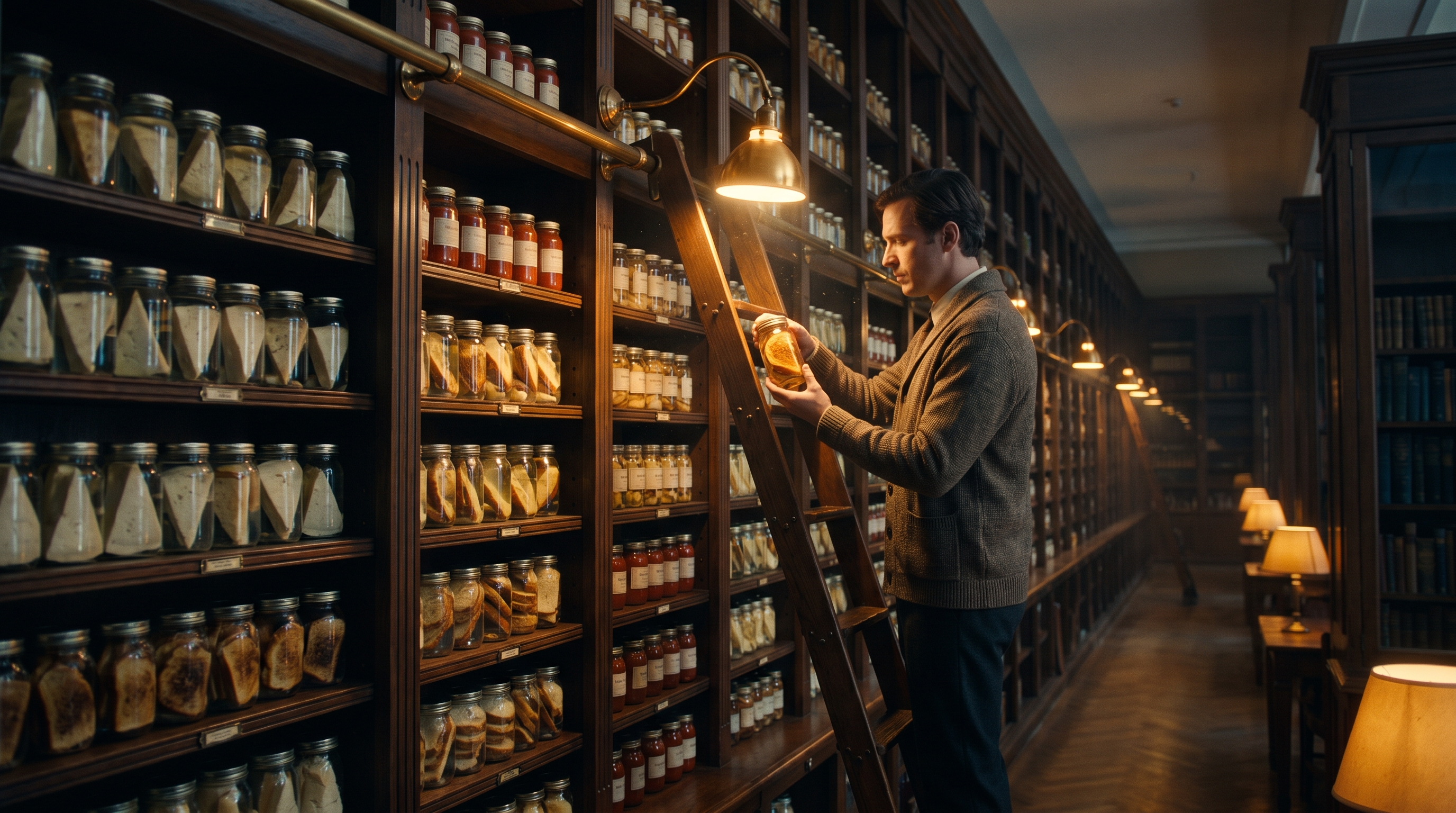 A research archive of specimen jars containing bread and cheese samples; a researcher on a rolling ladder inspects a jar holding a grilled cheese half.